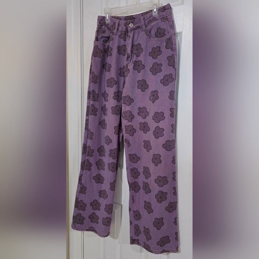 SHEIN Purple Floral Wide Leg Jeans - Picture 5 of 8